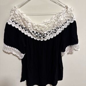 INC International Concepts Black Blouse with White Lace
